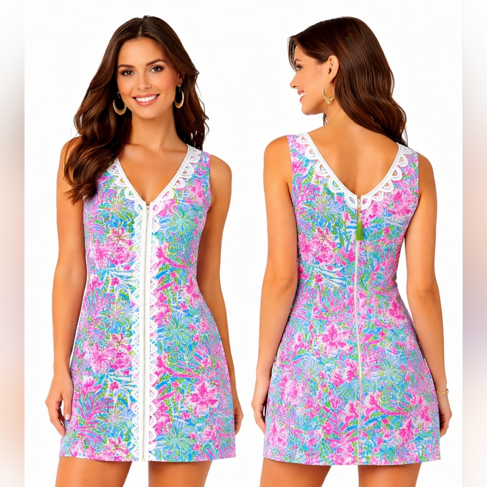 Lilly Pulitzer Ronnie Romper Amalfi Blue Leaf It Wild Lace Trim Size 8 NWOT